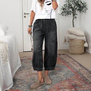 Black Casual Women's Pocket Tapered Loose Jeans